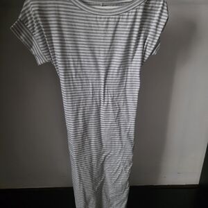 Striped Crewneck T-Shirt Dress in Light Gray and White